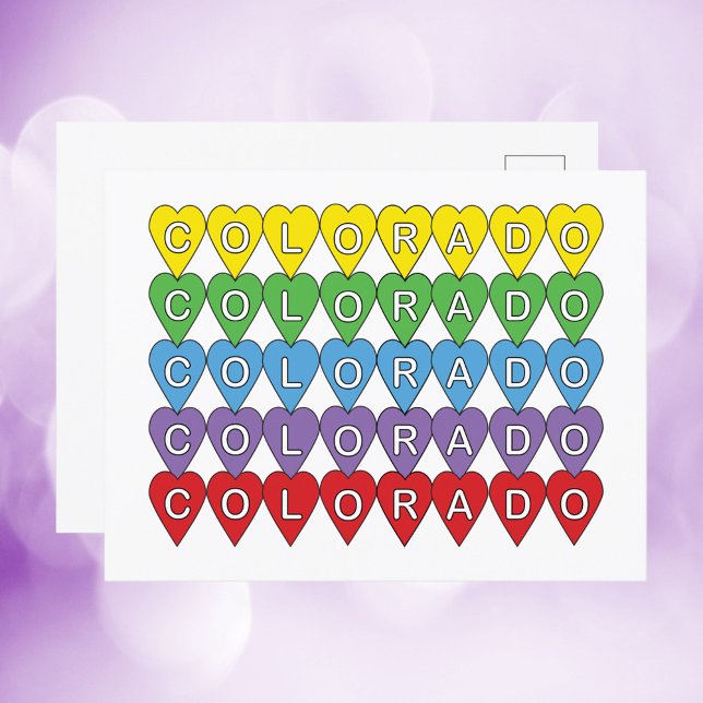 Colorado US Hearful Postkarte (A postcard with the US state of Colorado in yellow, green, blue, purple and red hearts)