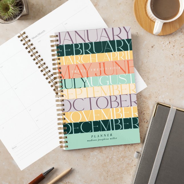 Colorbloc rétro moderne Horizontal Stripe mensuell (Modern Retro Colorblock Horizontal Stripe Monthly Planner)