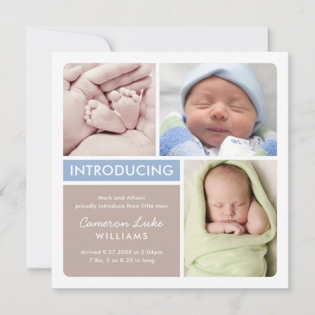 Colorblock Foto Collage Blue Baby Boy Birth Ankündigung (Vorderseite)
