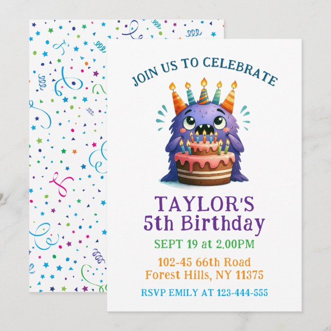Colorful 5th Birthday Monster Party Invitation  Einladung (Vorne/Hinten)