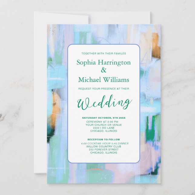 Colorful Abstract Pink Blue Wedding Invite QR Code Einladung (Vorderseite)