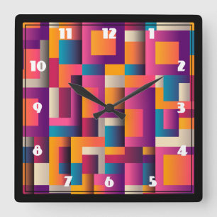 Colorful Abstract Squares and Shapes Quadratische Wanduhr
