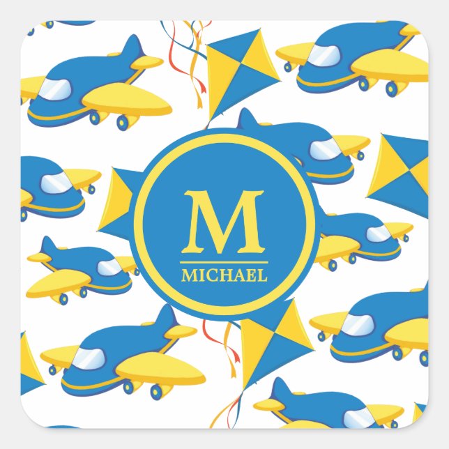 Colorful Airplanes and Kites Kids Pattern Monogram Quadratischer Aufkleber (Vorderseite)