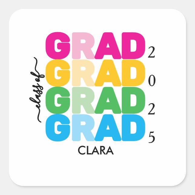 Colorful and customized Name and Year Grad  Quadratischer Aufkleber (Vorderseite)