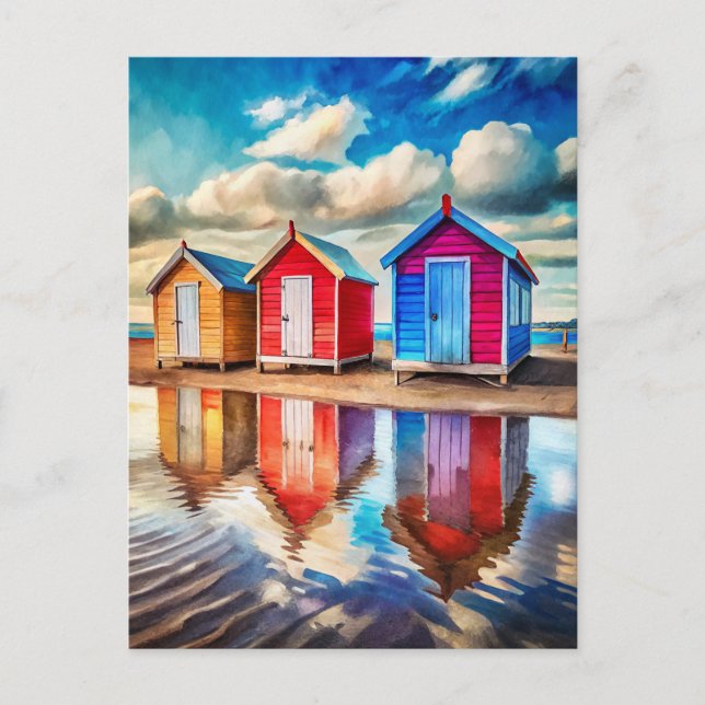 Colorful Beach Huts Ocean Reflection Coastal  Postkarte (Vorderseite)