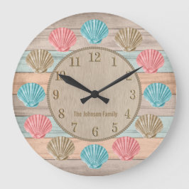 Colorful Beach Wood Nautical Seashells Große Wanduhr