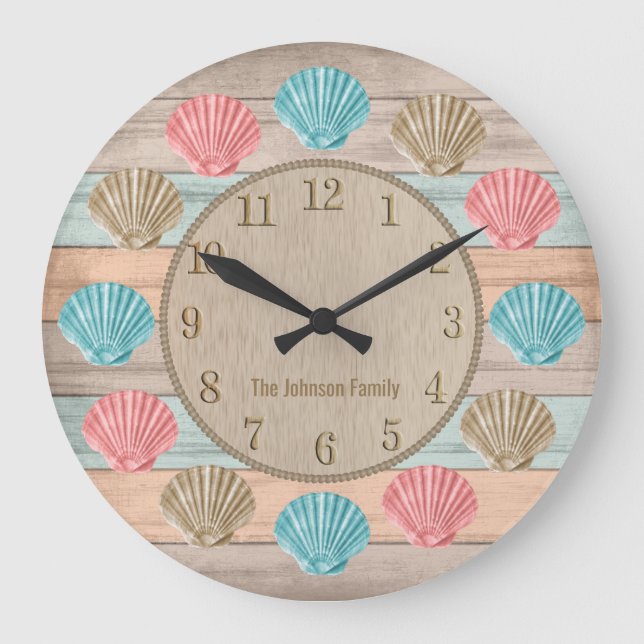 Colorful Beach Wood Nautical Seashells Große Wanduhr (Vorderseite)