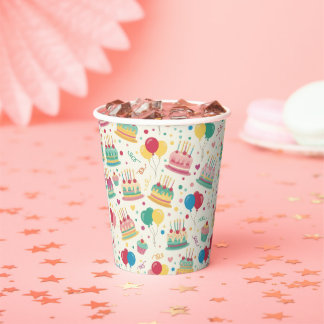 Colorful Birthday Cakes and Balloons Paper Plates Pappbecher