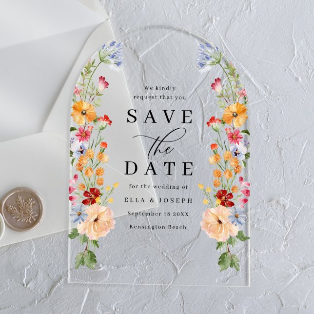 Colorful Bold Wildflower Wedding Save The Date Acryleinladungen (Von Creator hochgeladen)