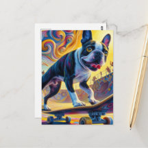 Colorful Boston Terrier Skateboarding