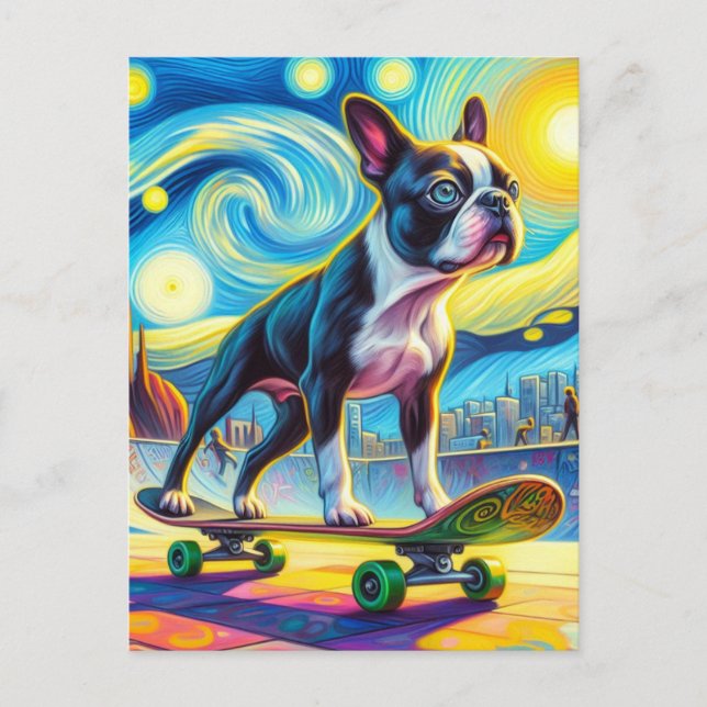 Colorful Boston Terrier Skateboarding Van Gogh Postkarte (Vorderseite)