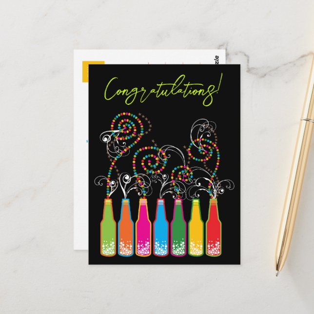 Colorful Bubbly Bottles & Spirals Congratulations Postkarte (Vorderseite/Rückseite Beispiel)