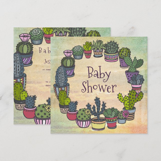 Colorful Cactus Baby Shower Einladung (Vorne/Hinten)