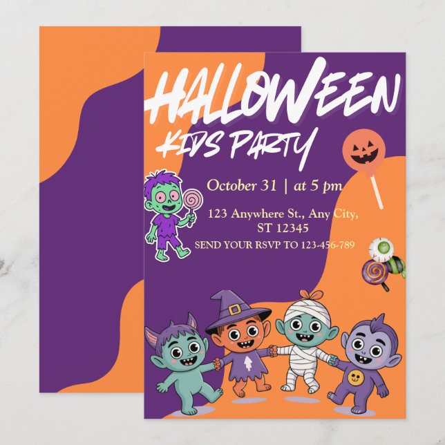 Colorful Candy Monsters Kids Halloween Invite Einladung (Vorne/Hinten)