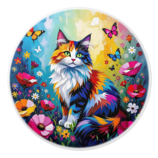 Colorful Cat and Flowers Keramikknauf
