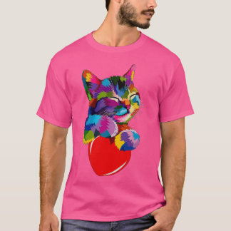 Colorful Cat Hugging Heart T-Shirt
