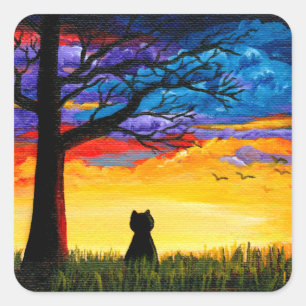 Colorful Cat Oak Tree Landscape Creationarts Quadratischer Aufkleber