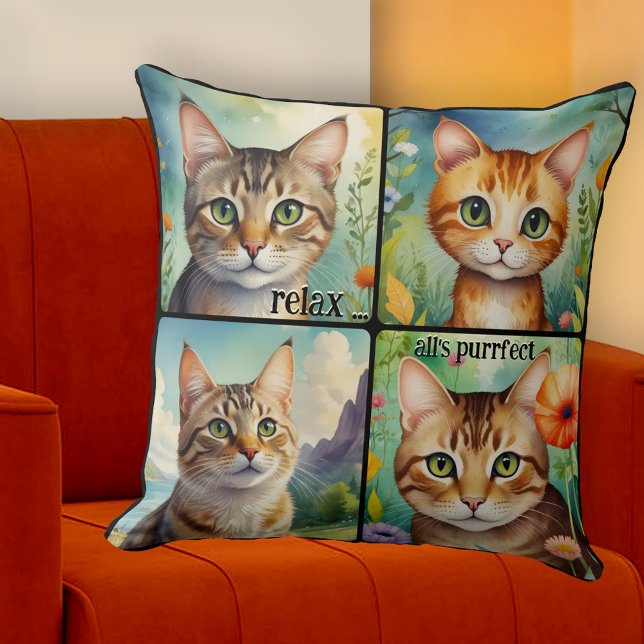 Colorful Cats Fun Artistic  Kissen (Pillow featuring 4 colorful paintings of beautiful cats. A cheerful addition to any space)