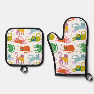 Colorful Cats Pattern Oven Mitt & Pot Holder Set