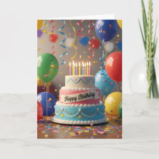 Colorful Celebration Cake & Balloons Birthday Card Karte