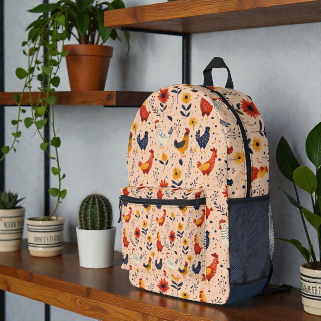 Colorful Chicken Art Pattern Background Bedruckter Rucksack (Side mesh pocket angle)
