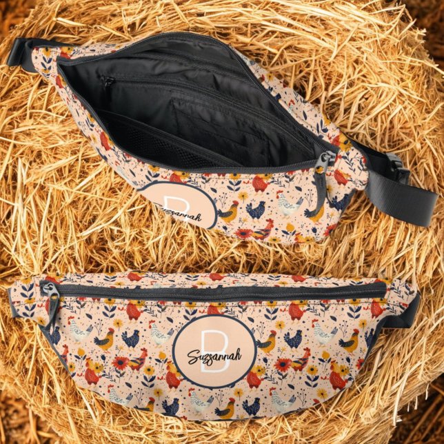 Colorful Chicken Art Pattern with Initial Monogram Bauchtasche (front and inside view of chicken pattern fanny pack)