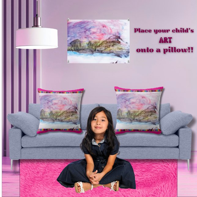 Colorful Child's Artwork Mountain Kissen (Upload your child's beautiful artwork onto this template pillow. Personalize name, date, and color)