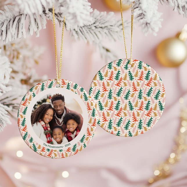 Colorful Christmas Tree Photo Keramik Ornament (Retro Christmas Tree one sided photo Holiday Ornament )