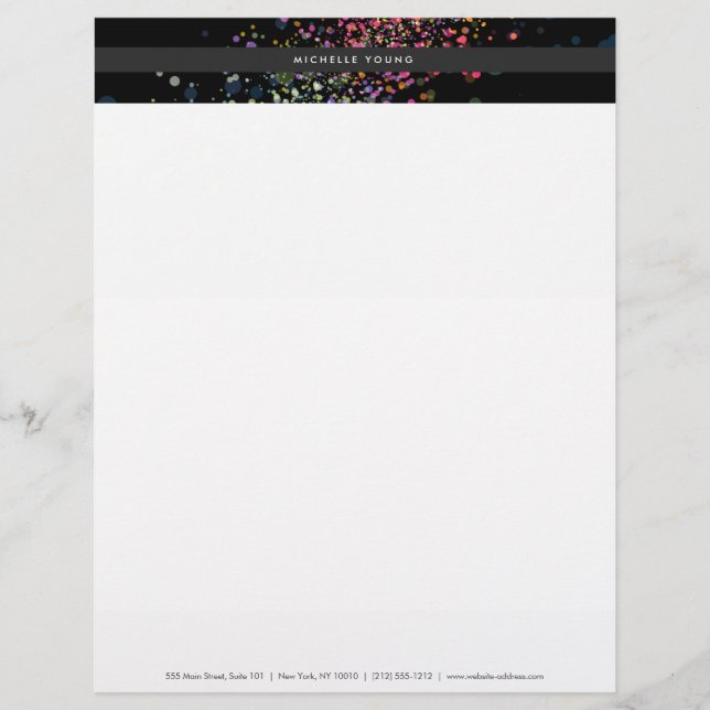 Colorful Confetti Bokeh "Black Modern" Briefbogen (Vorderseite)