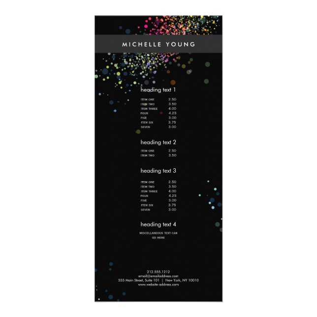 Colorful Confetti Bokeh "Black Modern" Werbekarte (Vorne)