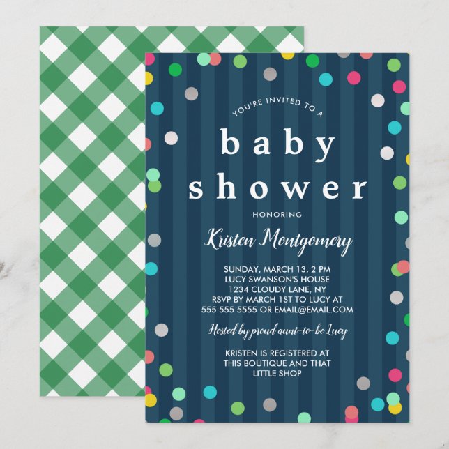 Colorful Confetti - Dark Blue Baby Dusche Einladung (Vorne/Hinten)
