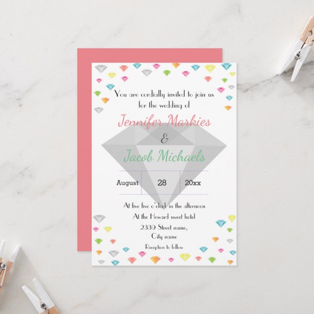 Colorful Confetti & Diamond Hochzeitseinladung Einladung (Vorderseite/Rückseite Beispiel)
