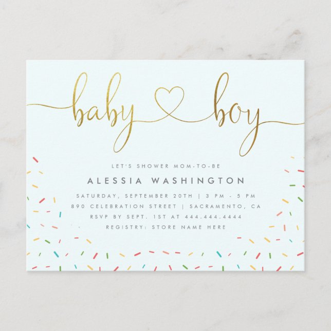 Colorful Confetti Sprinkle Gold Boy Baby Dusche Einladungspostkarte (Vorderseite)