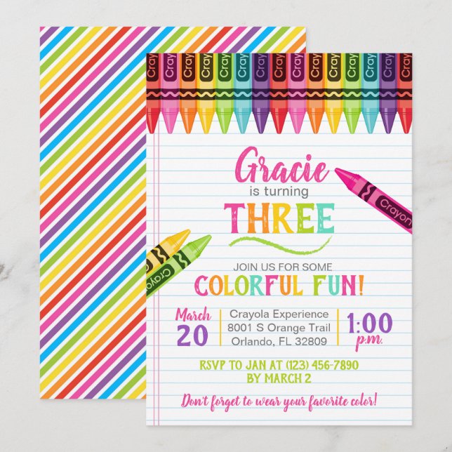 Colorful Crayon Girl Party Einladung (Vorne/Hinten)