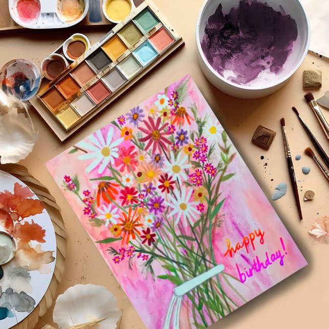 Colorful Daisy Bouquet Happy Birthday Postkarte (Beautiful watercolor bouquet birthday card postcard. Customize with your own text)