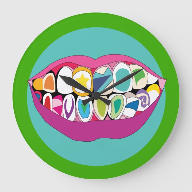 Colorful Dentist Office Tooth Teeth Smile Große Wanduhr (Vorderseite)