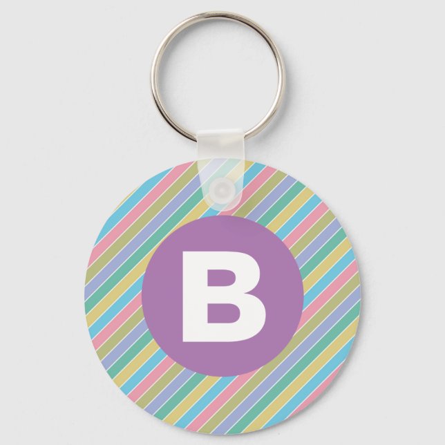 Colorful Diagonal Candy Stripes Purple Monogram Schlüsselanhänger (Vorderseite)