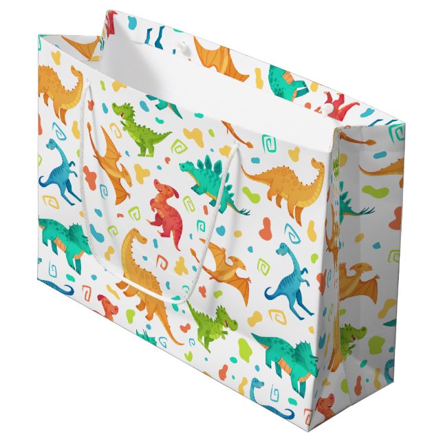 Colorful Dinosaur Pary Große Geschenktüte (Vorderseite Schrägansicht)