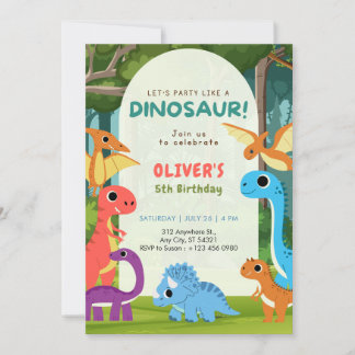 Colorful Dinosaur T-rex 5th Birthday Invitation Einladung