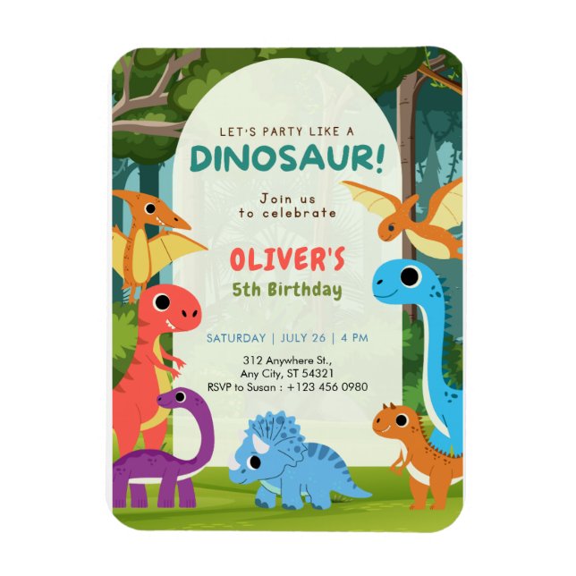 Colorful Dinosaur T-rex 5th Birthday Invitation   Magnet (Vertikal)
