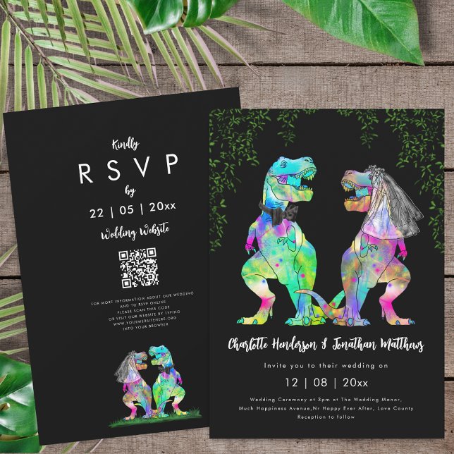 Colorful Dinosaur theme Wedding QR Code Einladung (Colorful T-Rex bride and groom dinosaur black white wedding qr code invitation T-Rex bride and groom)