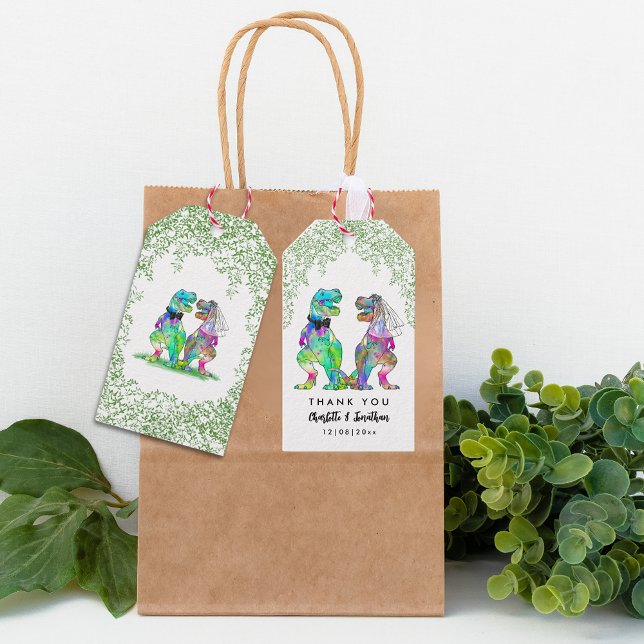 Colorful Dinosaur Themed Wedding Vielen Dank Geschenkanhänger (T-Rex bride and groom colorful dinosaur wedding thank you favor tags)