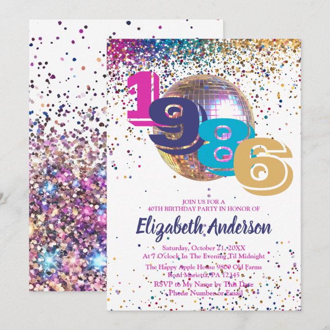 Colorful Disco 1986 40th Birthday Party Customizab Einladung (Vorne/Hinten)