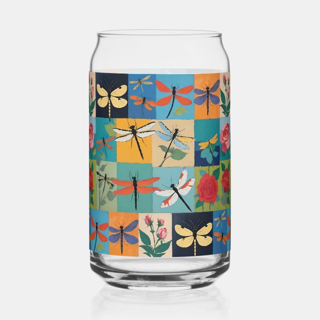 Colorful Dragonflies And Roses Patchwork Dosenglas (Vorderseite)