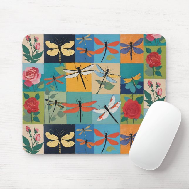 Colorful Dragonflies And Roses Patchwork Mousepad (Mit Mouse)