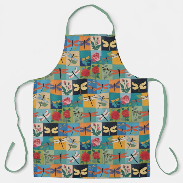 Colorful Dragonflies And Roses Patchwork Schürze (Vorderseite)
