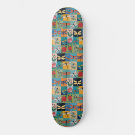 Colorful Dragonflies And Roses Patchwork Skateboard