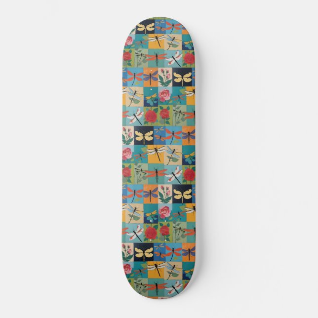 Colorful Dragonflies And Roses Patchwork Skateboard (Vorderseite)