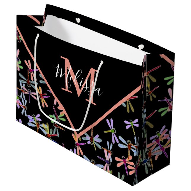 Colorful dragonflies personalized   große geschenktüte (Vorderseite Schrägansicht)