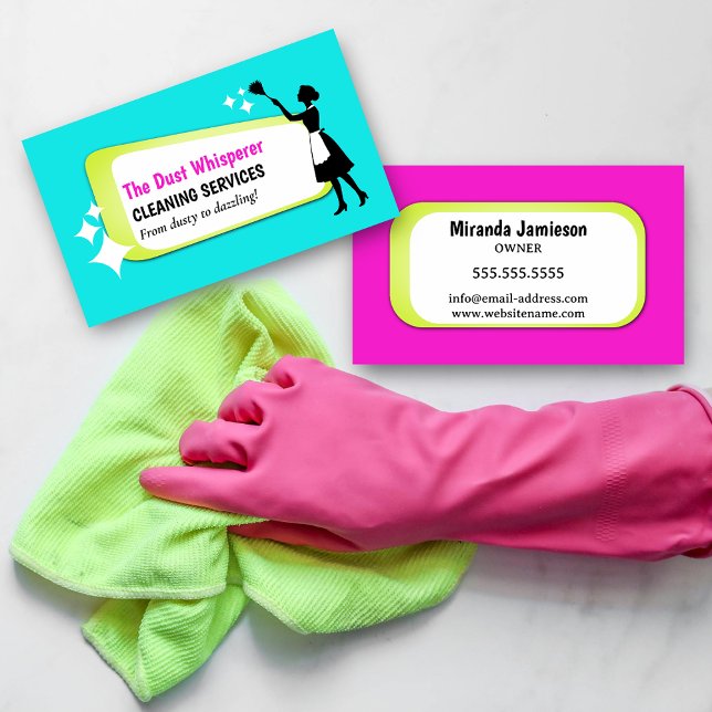 Colorful Dusting Maid Professional Cleaning Visitenkarte (Colorful dusting maid professional cleaning business card front and back.)